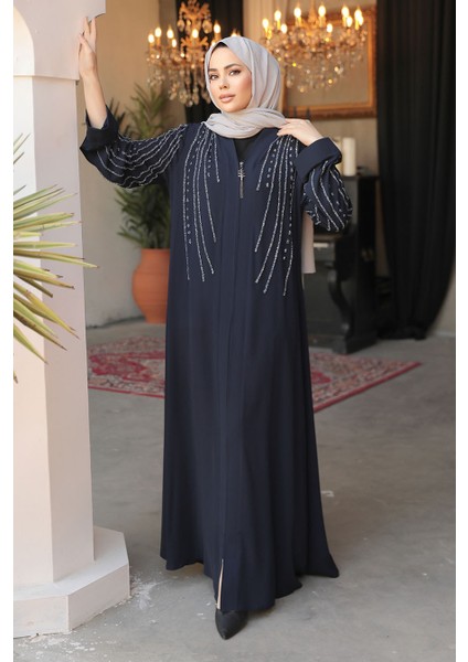 Boncuk Işlemeli Lacivert Tesettür Abaya 29111L modelleri