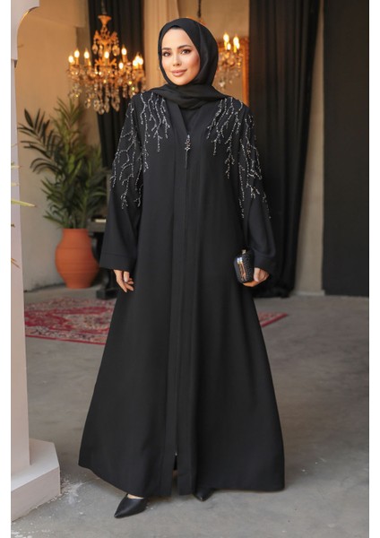Boncuk Işlemeli Siyah Tesettür Abaya 29110S