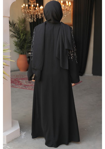 Boncuk Işlemeli Siyah Tesettür Abaya 29110S fırsatları