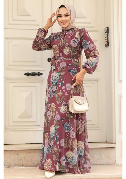 - Çiçek Desenli Koyu Gül Kurusu Tesettür Elbise 279083KGK