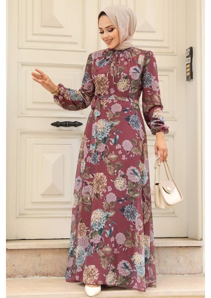 - Çiçek Desenli Koyu Gül Kurusu Tesettür Elbise 279083KGK fiyatları