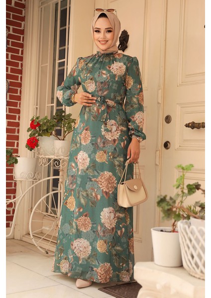 - Çiçek Desenli Yeşil Tesettür Elbise 279083Y