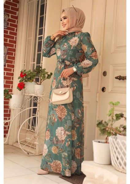 - Çiçek Desenli Yeşil Tesettür Elbise 279083Y fiyatları