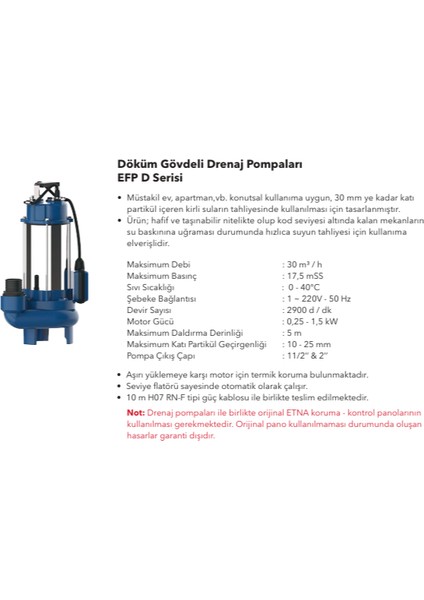 EFP-025D (Etn - 250D): Döküm Gövdeli, Flatörlü Atık Su ve Foseptik Dalgıç Pompa fiyatları