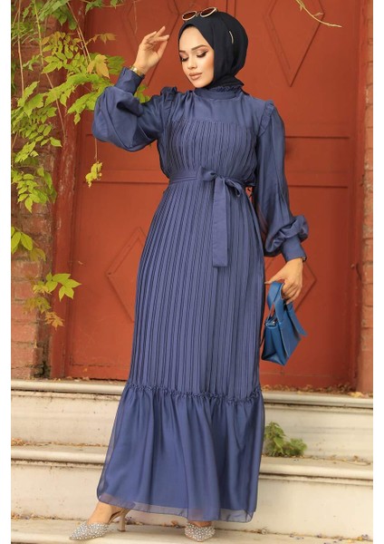 - Pileli Indigo Mavisi Tesettür Elbise 39651IM