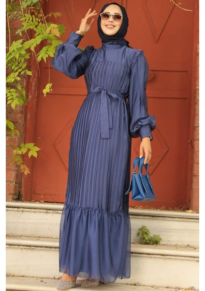 - Pileli Indigo Mavisi Tesettür Elbise 39651IM fiyatları
