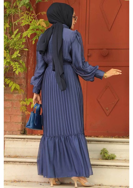 - Pileli Indigo Mavisi Tesettür Elbise 39651IM modelleri