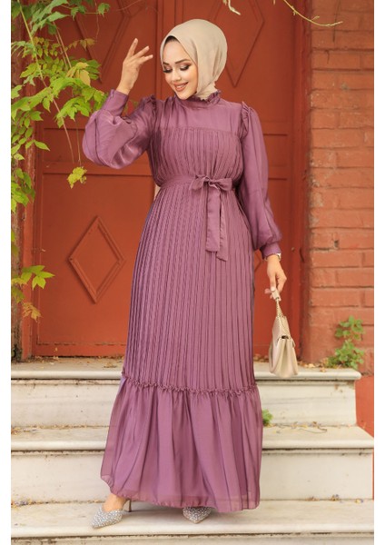 - Pileli Gül Kurusu Tesettür Elbise 39651GK