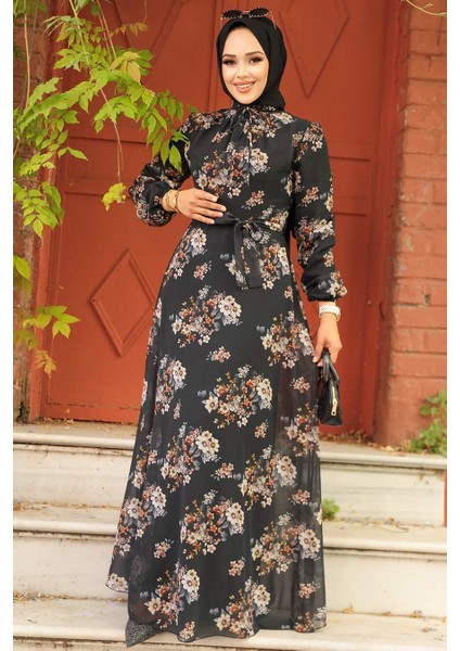 Çiçek Desenli Siyah Tesettür Elbise 279082S