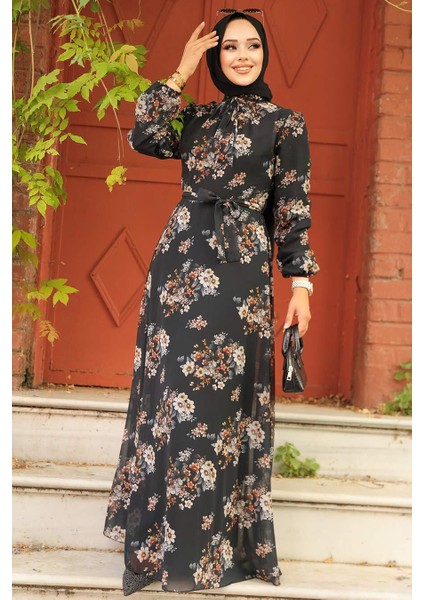 Çiçek Desenli Siyah Tesettür Elbise 279082S fiyatları