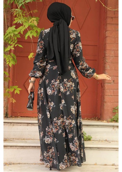 Çiçek Desenli Siyah Tesettür Elbise 279082S modelleri