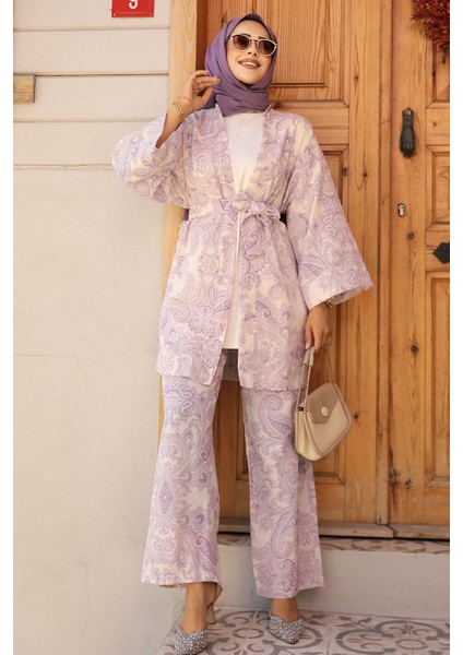Desenli Lila Tesettür Ikili Kimono Takım 12122LILA