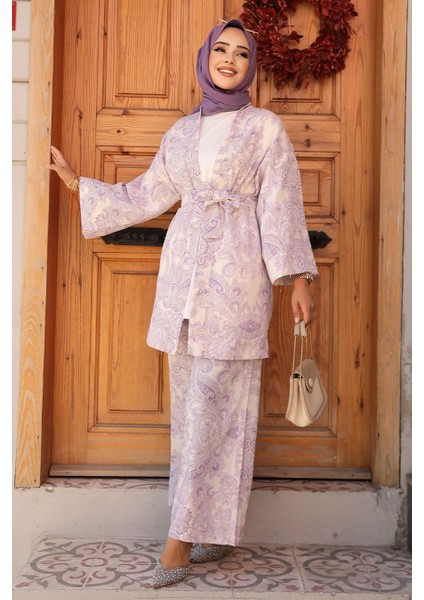 Desenli Lila Tesettür Ikili Kimono Takım 12122LILA fiyatları