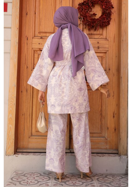 Desenli Lila Tesettür Ikili Kimono Takım 12122LILA modelleri
