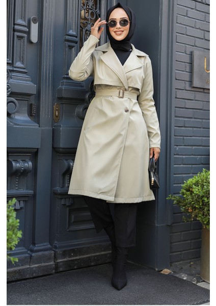Tokalı Kemerli Açık Haki Tesettür Trençkot 59371AHK