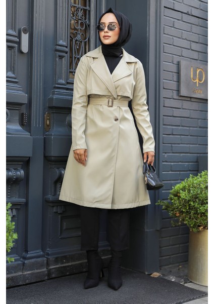 Tokalı Kemerli Açık Haki Tesettür Trençkot 59371AHK fiyatları