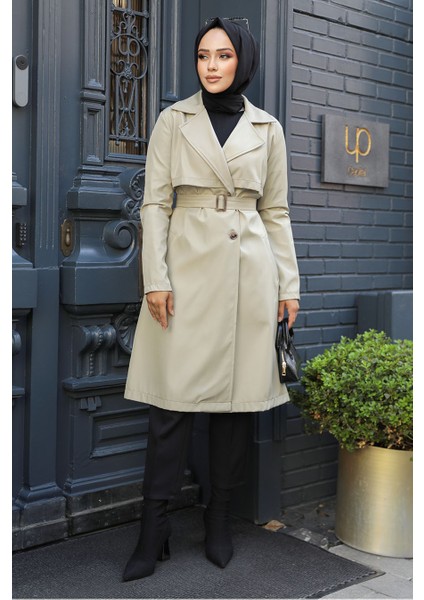 Tokalı Kemerli Açık Haki Tesettür Trençkot 59371AHK modelleri