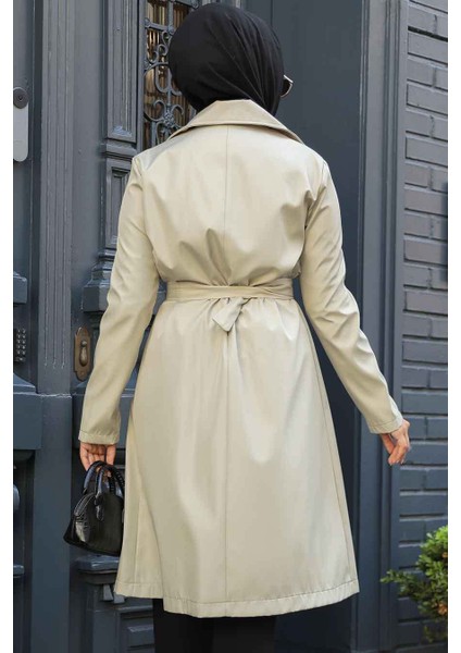 Tokalı Kemerli Açık Haki Tesettür Trençkot 59371AHK fırsatları