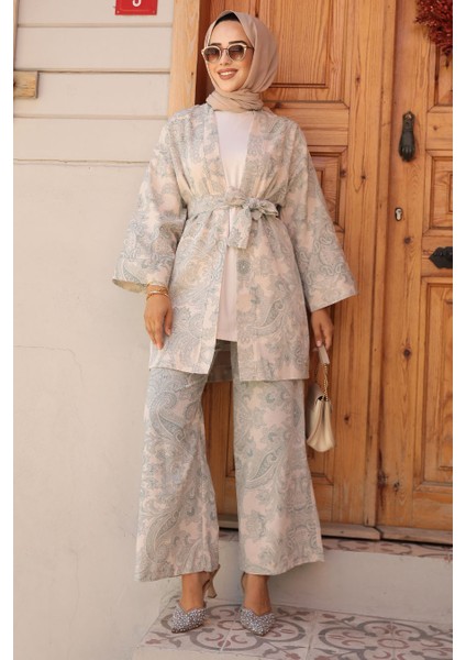 Desenli Çağla Yeşili Tesettür Ikili Kimono Takım 12122CY