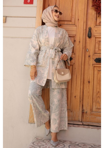 Desenli Çağla Yeşili Tesettür Ikili Kimono Takım 12122CY fiyatları