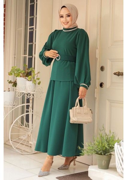 Kemerli Zümrüt Yeşili Tesettür Etekli Ikili Takım 20024ZY fiyatları