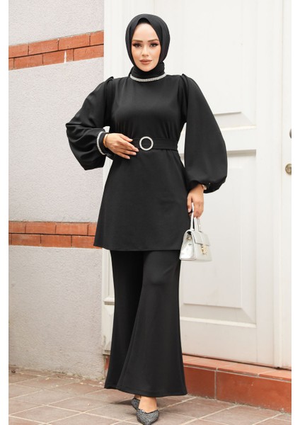 Tokalı Kemerli Siyah Tesettür Ikili Takım 20034S