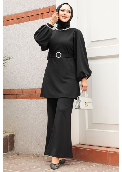 Tokalı Kemerli Siyah Tesettür Ikili Takım 20034S modelleri