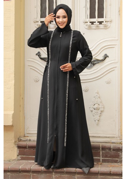 Boncuk Detaylı Siyah Tesettür Ferace 20008S