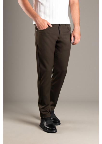 Erkek Kahve Esnek Keten Pantolon