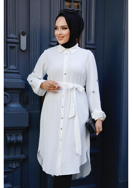 Kemerli Ekru Tesettür Tunik 21095E