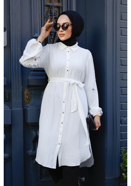 Kemerli Ekru Tesettür Tunik 21095E fiyatları