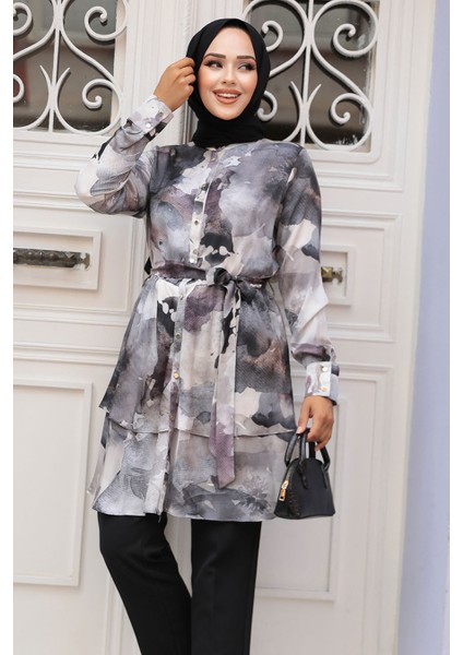 Desenli Gri Tesettür Tunik 21101GR