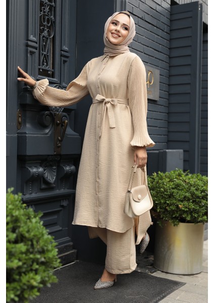 Düğmeli Bej Tesettür Ikili Takım 12581BEJ fiyatları