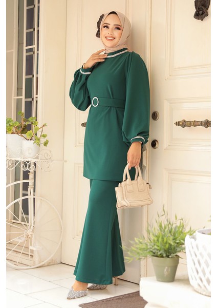 Tokalı Kemerli Zümrüt Yeşili Tesettür Ikili Takım 20034ZY fiyatları