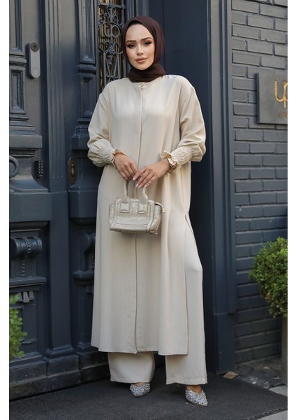 Desenli Bej Tesettür Etekli Ikili Takım 14236BEJ fiyatları