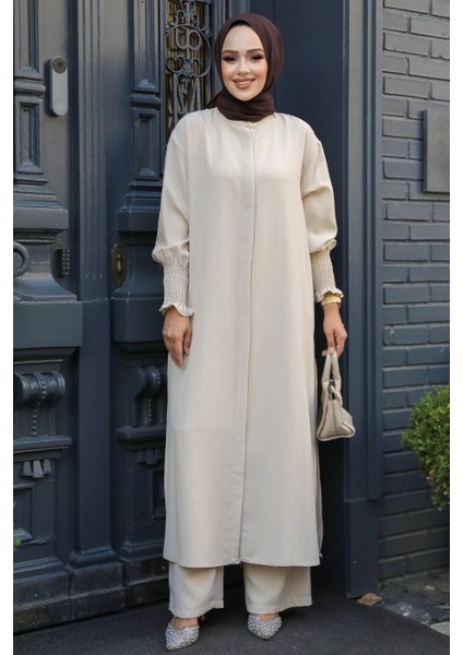 Desenli Bej Tesettür Etekli Ikili Takım 14236BEJ modelleri