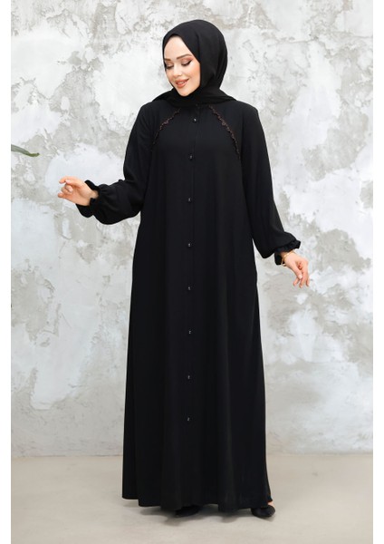Düğmeli Siyah Tesettür Ferace 45275S