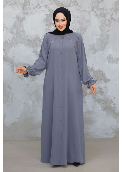 Düğmeli Gri Tesettür Ferace 45275GR