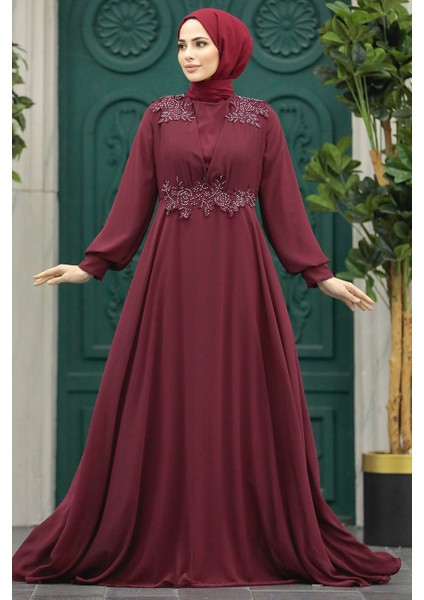 Boncuk Detaylı Bordo Tesettür Abiye Elbise 22113BR