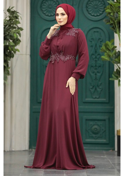 Boncuk Detaylı Bordo Tesettür Abiye Elbise 22113BR fiyatları