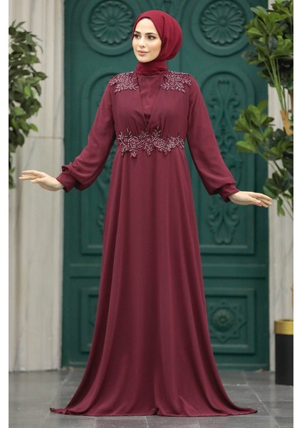Boncuk Detaylı Bordo Tesettür Abiye Elbise 22113BR modelleri