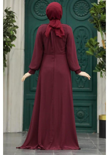 Boncuk Detaylı Bordo Tesettür Abiye Elbise 22113BR fırsatları