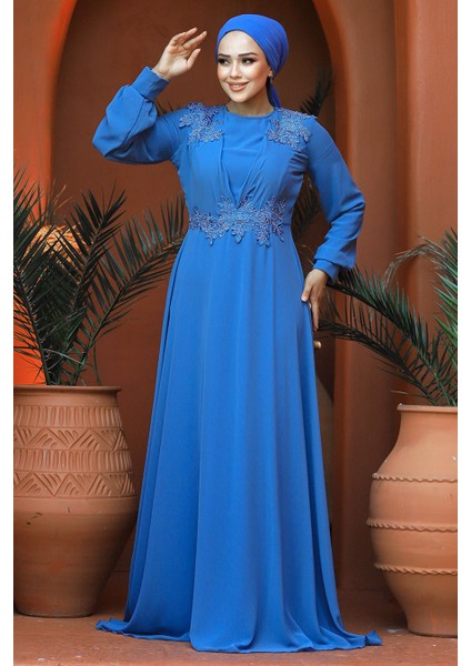 Boncuk Detaylı İndigo Mavisi Tesettür Abiye Elbise 22113IM fiyatları
