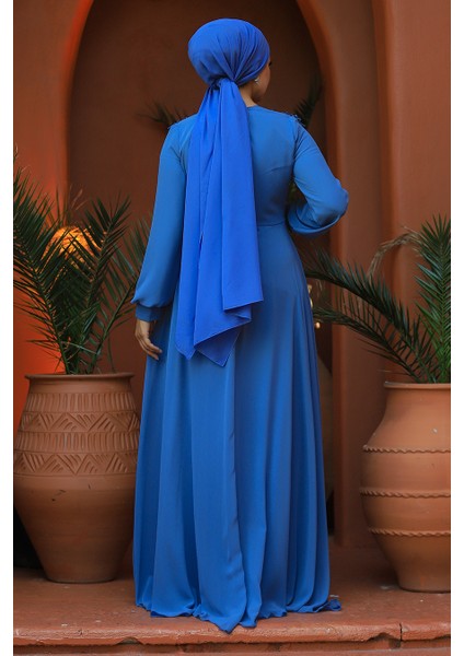 Boncuk Detaylı İndigo Mavisi Tesettür Abiye Elbise 22113IM modelleri