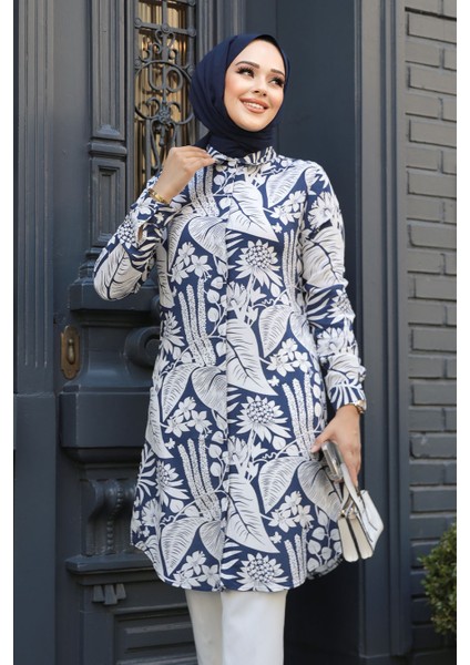 Desenli Lacivert Tesettür Tunik 11700L