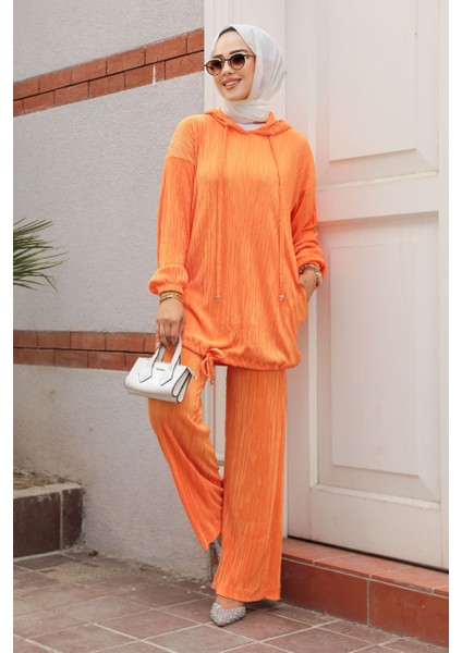 Pileli Turuncu Tesettür İkili Takım 100075T