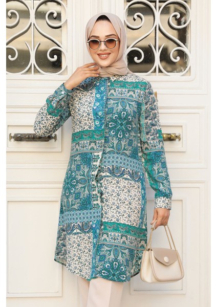 Desenli Çağla Yeşili Tesettür Tunik 11699CY fiyatları