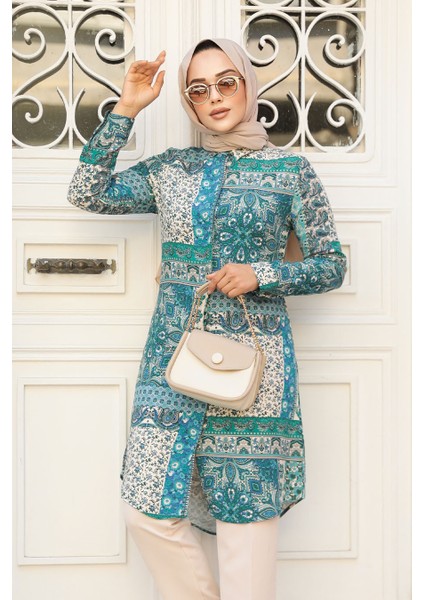 Desenli Çağla Yeşili Tesettür Tunik 11699CY modelleri