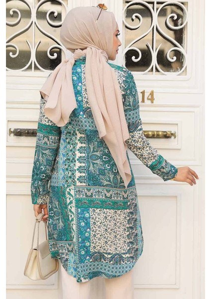 Desenli Çağla Yeşili Tesettür Tunik 11699CY fırsatları