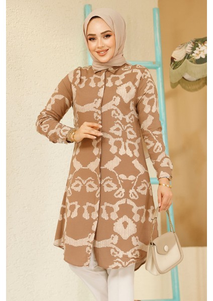 Desenli Kahverengi Tesettür Tunik 11685KH
